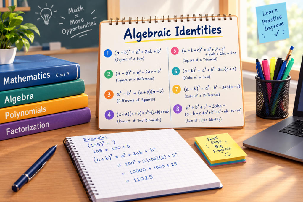 Algebraic identities for Class 9 maths with standard formulas and solved example
