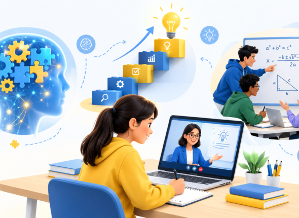 Problem solving skills illustration showing student learning online with critical thinking, teamwork and creative ideas