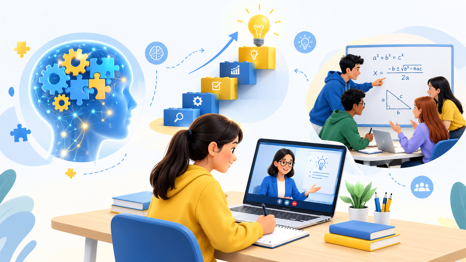 Problem solving skills illustration showing student learning online with critical thinking, teamwork and creative ideas