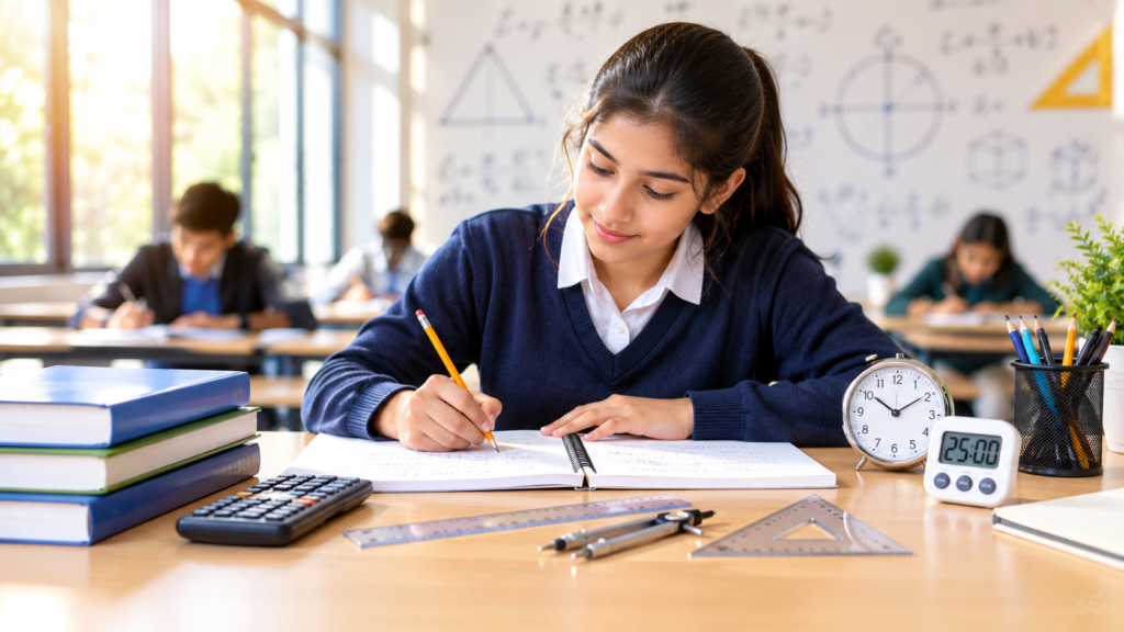 Female student solving maths problems with a timer and clock on her desk in a classroom