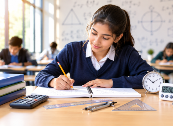 Female student solving maths problems with a timer and clock on her desk in a classroom checkout the blog