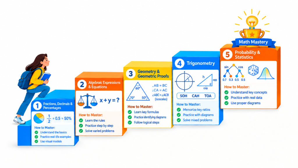 Infographic showing the top 5 maths concepts students struggle with — fractions, decimals and percentages; algebraic expressions and equations; geometry and geometric proofs; trigonometry; probability and statistics — with a staircase to math mastery.