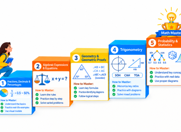 Infographic showing the top 5 maths concepts students struggle with — fractions, decimals and percentages; algebraic expressions and equations; geometry and geometric proofs; trigonometry; probability and statistics — with a staircase to math mastery.