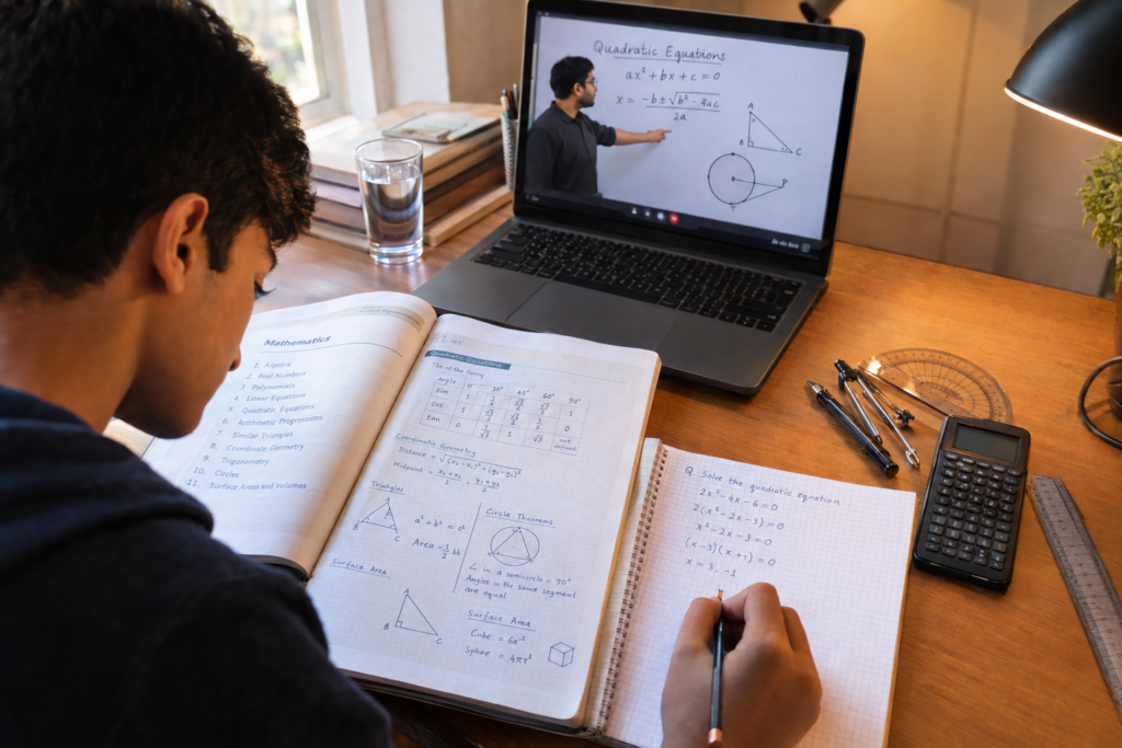 Class 10 student solving important maths questions with a quadratic equation