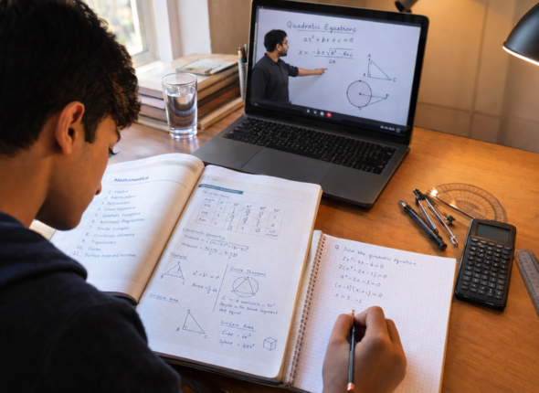 Class 10 student solving important maths questions with a quadratic equation
