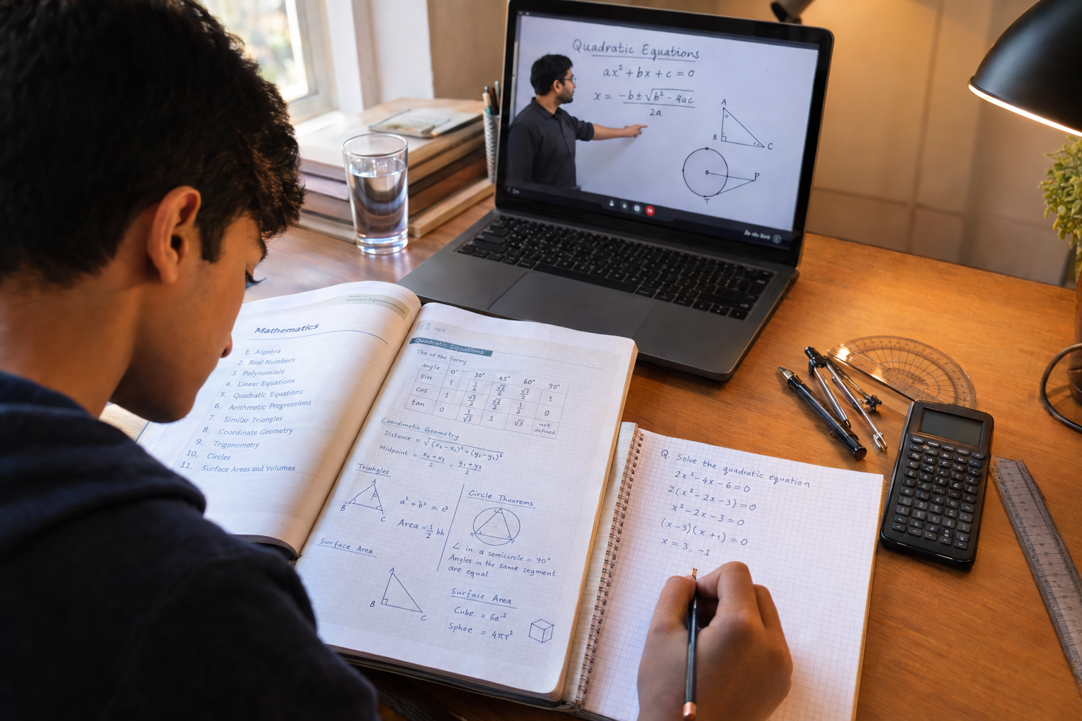Class 10 student solving important maths questions with a quadratic equation