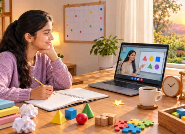 Girl attending online daily maths practice class with geometric shapes on laptop
