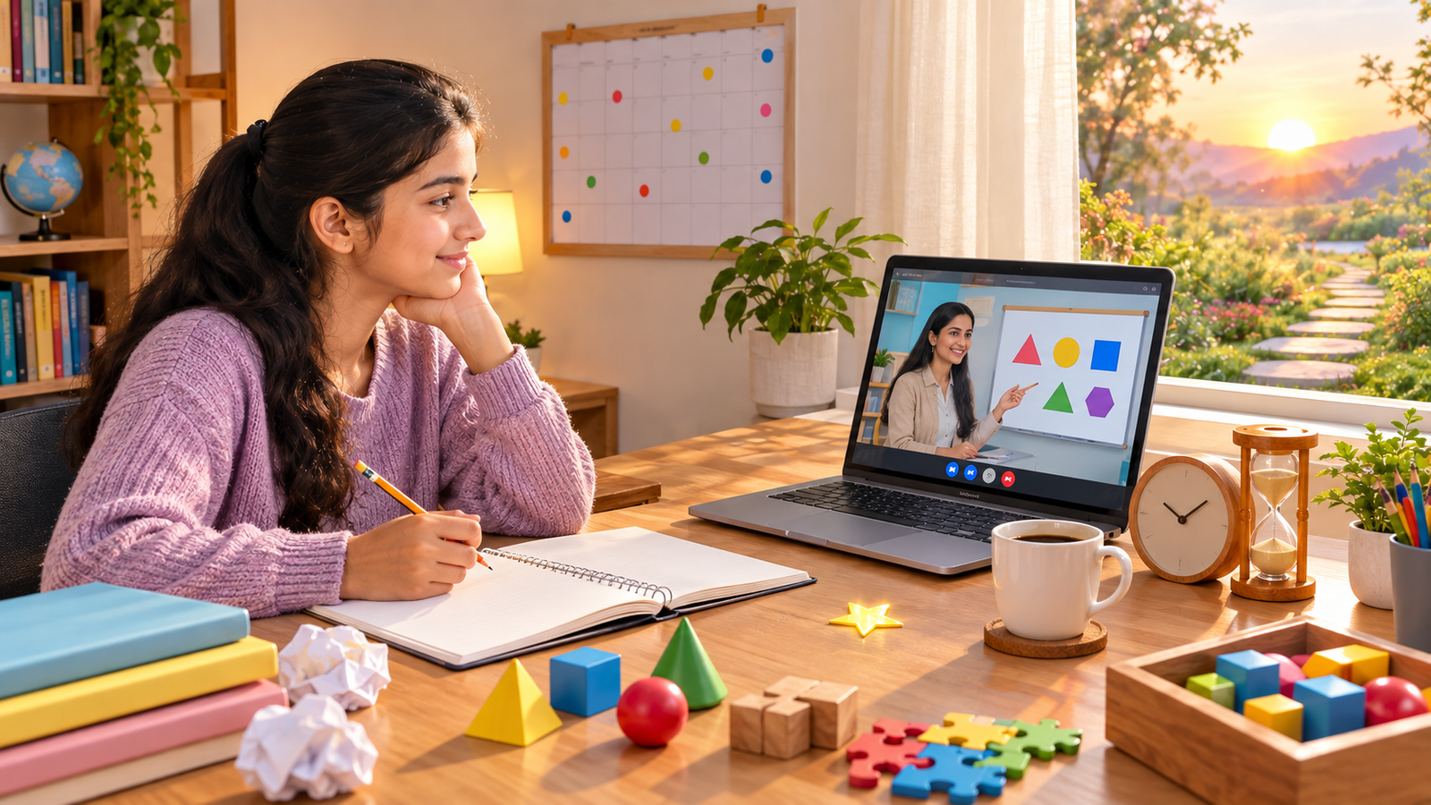 Girl attending online daily maths practice class with geometric shapes on laptop