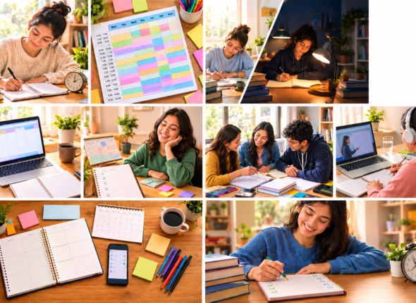Student study schedule planning with timetable, group study, online learning and organized desk