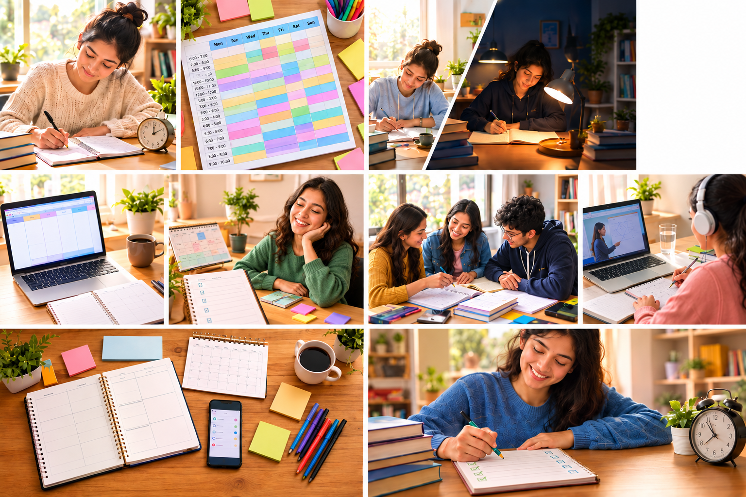Student study schedule planning with timetable, group study, online learning and organized desk