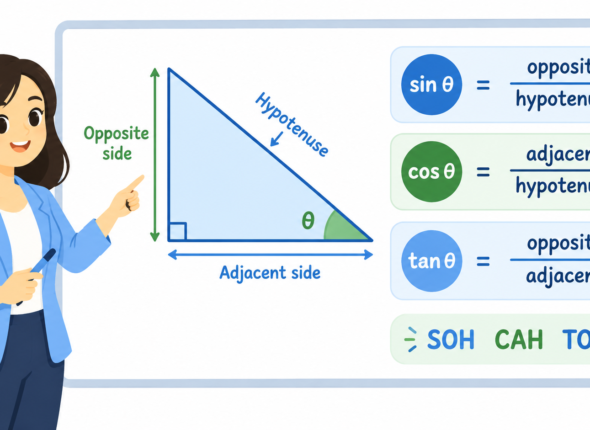Trigonometric Ratios diagram showing a right-angled triangle with sin, cos, tan formulas and SOH CAH TOA