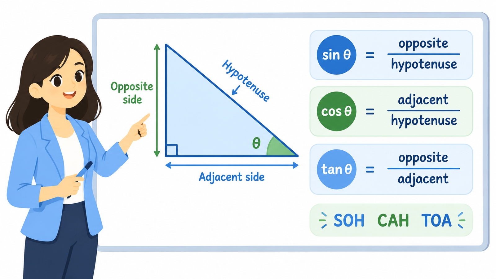 Trigonometric Ratios diagram showing a right-angled triangle with sin, cos, tan formulas and SOH CAH TOA